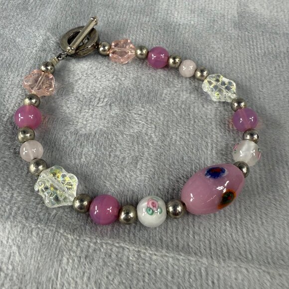 Vintage Glass Bead Bracelet With Toggle Closure & Pink White Silver Accents - Picture 15 of 16